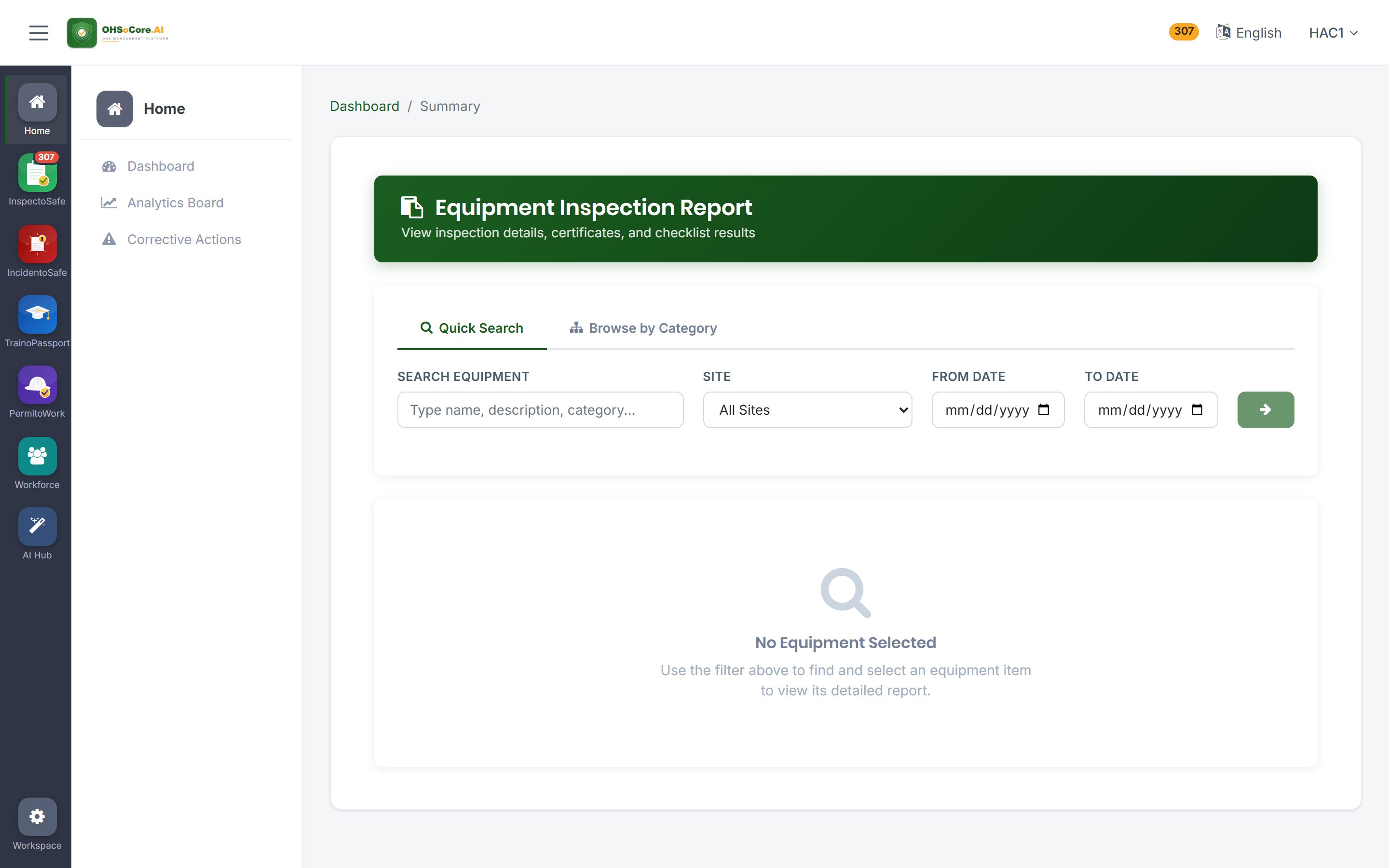 InspectoSafe — equipment & inspection summary