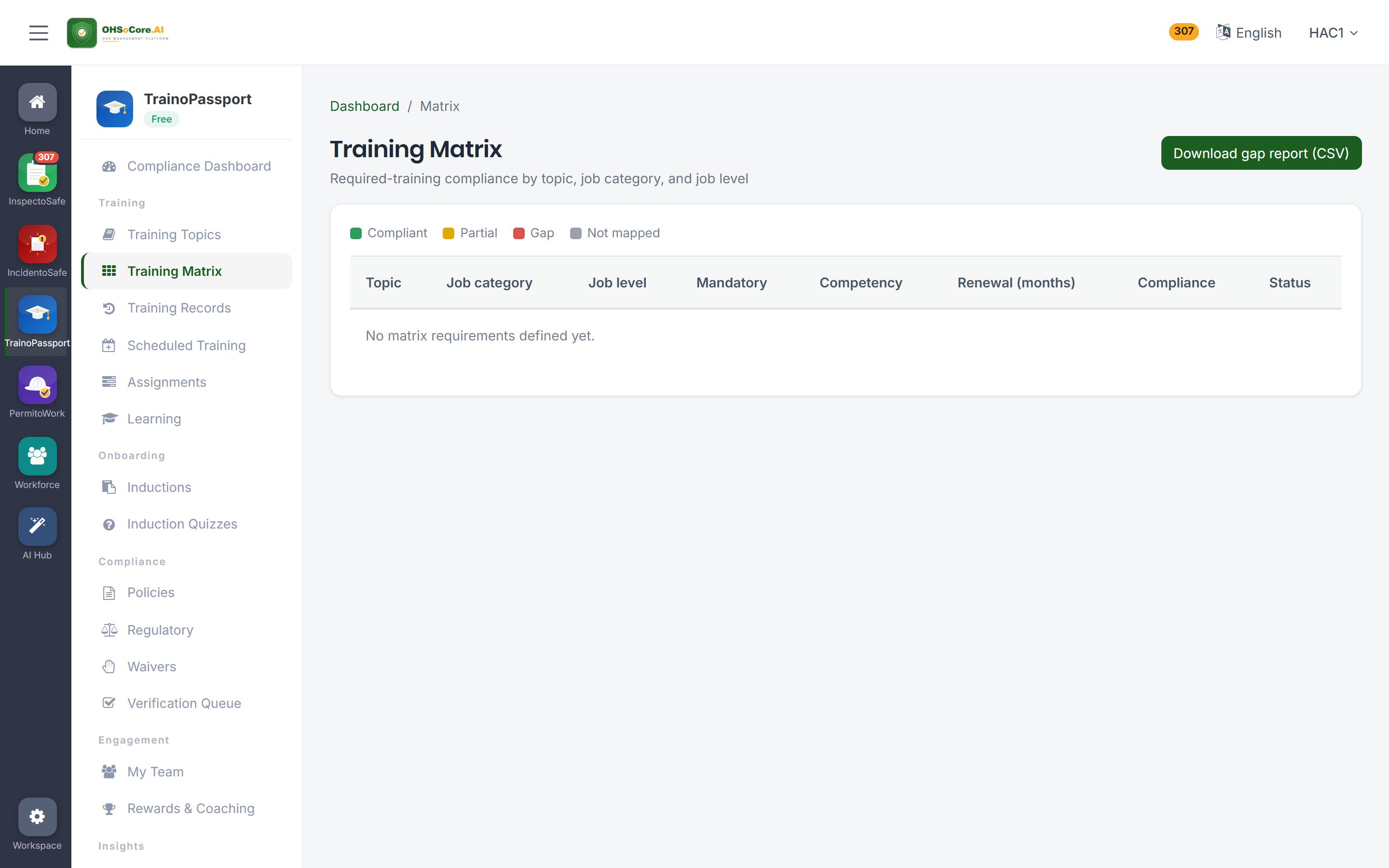TrainoTrack — training matrix